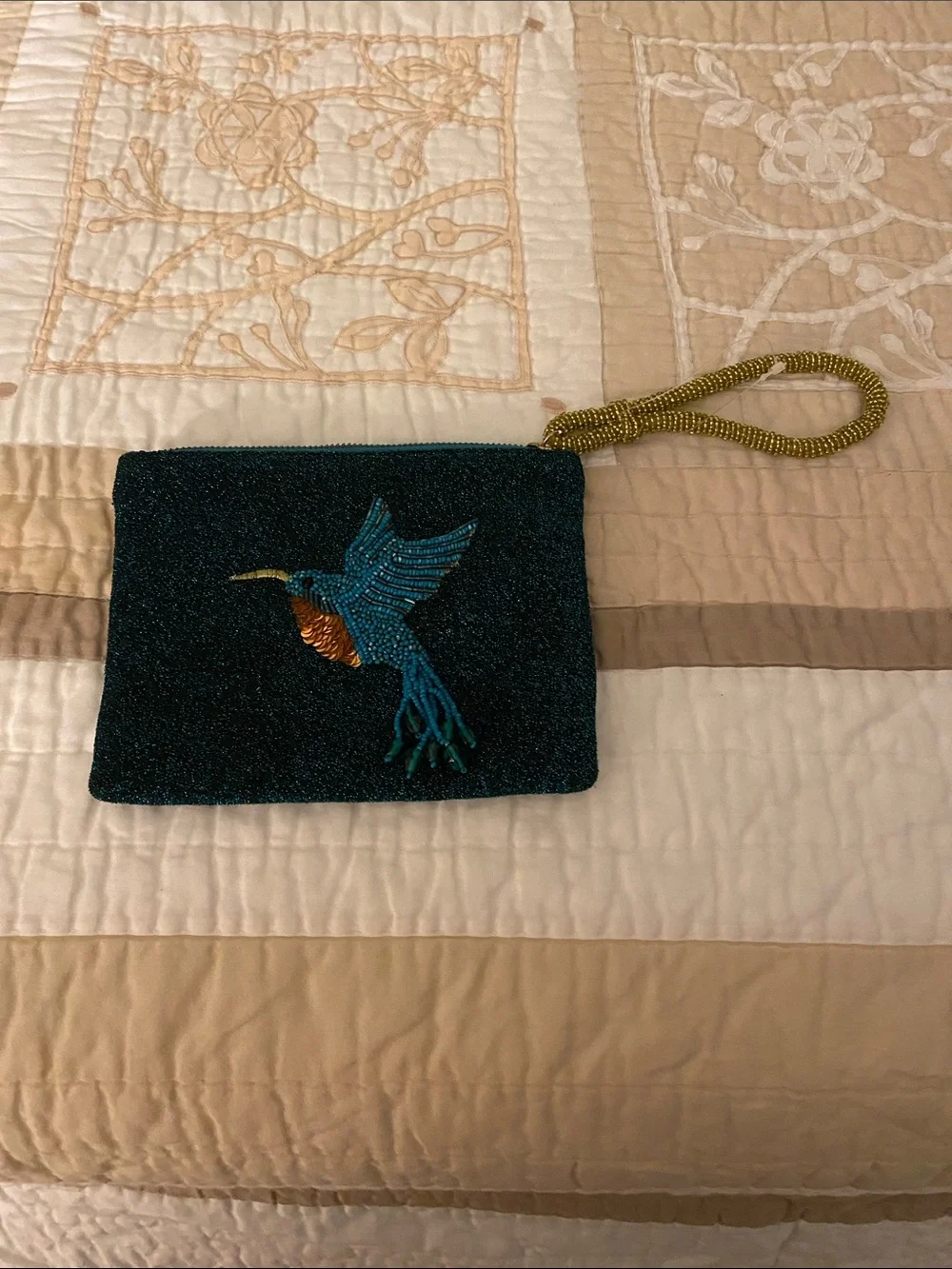 Vintage Teal Beaded Clutch with Embroidered Hummingbird